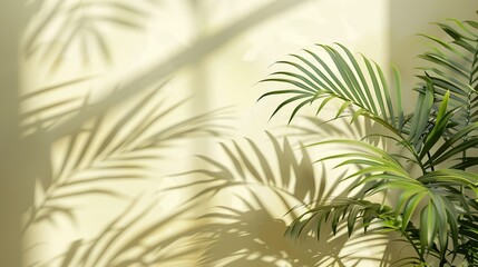 Fototapeta na wymiar Blurred shadow from palm leaves on light cream wall. Minimalistic background for product presentation