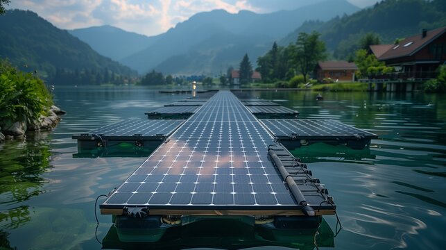 Solar panel dock floating on lake with mountain backdrop in natural landscape