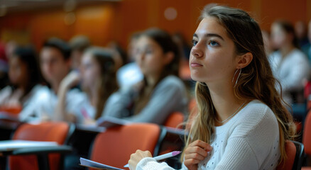 female student sitting in the back row, listening to her teacher and taking notes on their notepads during class at university where other students sit in front with green desks