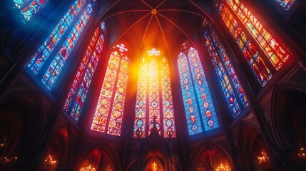 Sunlight illuminates churchs stained glass windows, creating colorful patterns - obrazy, fototapety, plakaty