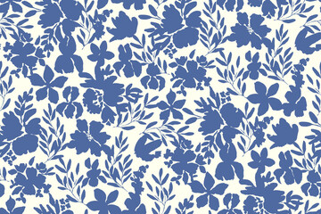 Simple monochrome two-color seamless pattern with flowers silhouette.