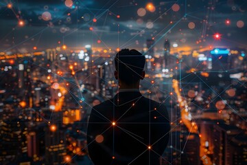 A businessman working on a digital global network connection focusing on data analytics and smart city technology. Concept Business, Technology, Data Analytics, Global Network, Smart City Technology