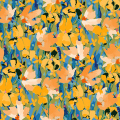  Abstract floral seamless pattern. Bright colors, gouache painting.hand drawn, not AI