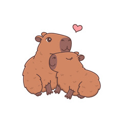 Cute hugging capybaras. Funny rodent couple in love. Adorable sweet animals. Vector illustration for holiday print isolated on white background. Valentine's Day card