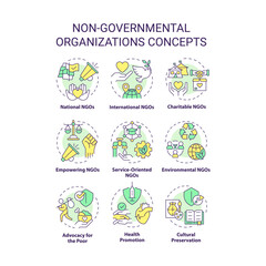 Non-governmental organizations multi color concept icons. Fighting for human rights. Social justice. Humanitarian aid. Icon pack. Vector images. Round shape illustrations. Abstract idea