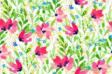  Abstract floral seamless pattern. Bright colors, gouache painting.hand drawn, not AI