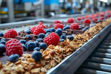 Granola, muesli, crunch or flakes with raspberries and blueberries on a production line conveyor at...