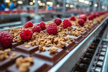 Chocolate factory, conveyor line with ganola, muesli, crunchy and raspberries, selective focus