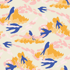 Fototapeta na wymiar Swallows in the clouds seamless pattern. Not AI, drawn by hand.