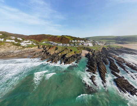 Panoramic drone view of Combesgate and Barricane Beaches - Woolacombe, Devon, UK