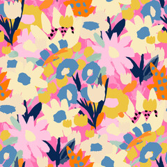 WebAbstract floral seamless pattern. Bright colors, gouache painting.hand drawn, not AI