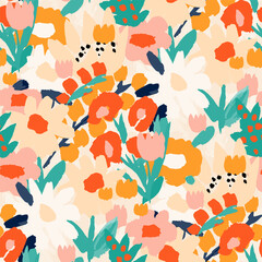 WebAbstract floral seamless pattern. Bright colors, gouache painting.hand drawn, not AI