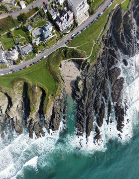 Sunny drone view of the Esplanade and Barricane Beach - Woolacombe, Devon, UK
