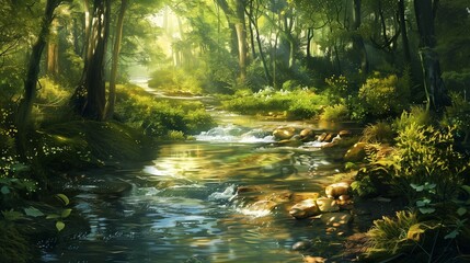 A gentle brook winding through a sun-dappled forest, its crystal-clear waters reflecting lush greenery. 