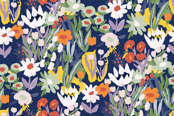  Abstract floral seamless pattern. Bright colors, gouache painting.hand drawn, not AI - obrazy, fototapety, plakaty