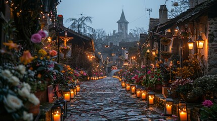 Cobblestone road in city biome with candles and flowers under rainy sky