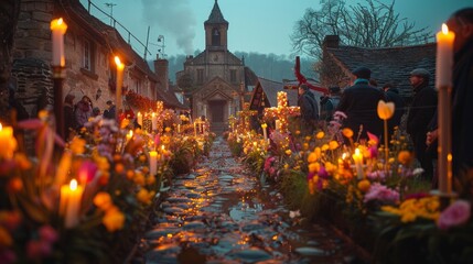 Landscape of a cemetery with candles, flowers, and a church in the background - obrazy, fototapety, plakaty