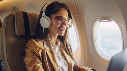A beautiful woman wearing glasses and headphones is sitting in an airplane, smiling as she works on her laptop computer with white earphones