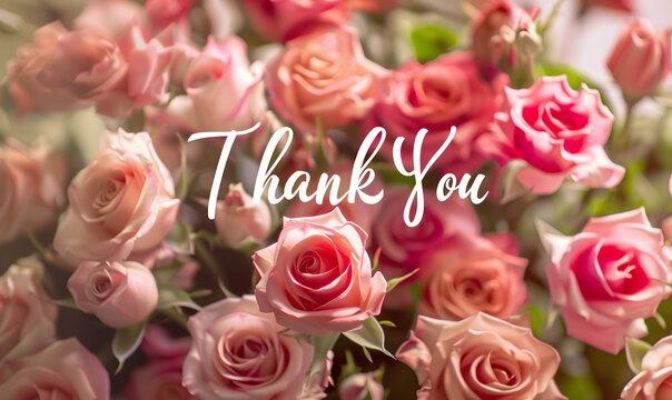 The words "Thank You" in graceful, white cursive, floating over a background of delicate roses flowers, Generative AI