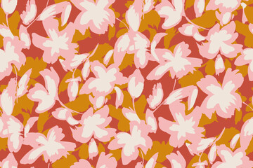 Simple monochrome two-color seamless pattern with flowers silhouette.