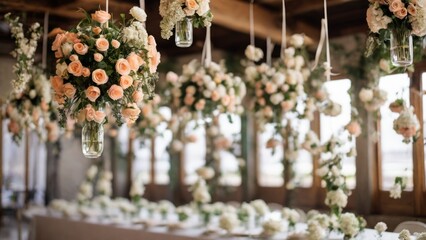 Experience original wedding floral decoration with mini-vases and bouquets of flowers hanging elegantly from the ceiling, adding charm and romance to the venue. - obrazy, fototapety, plakaty