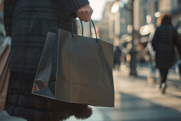 Closeup of a woman hand carrying shopping bags in the city.