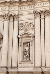 Sant'Andrea della Valle Basilica Facade Detail with Statue of Saint Sebastian in Rome, Italy