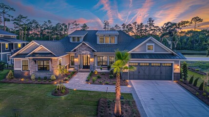a beautiful home with nice curb appeal at twilight in virginia beach  - obrazy, fototapety, plakaty