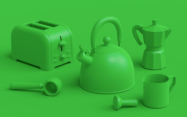 Espresso coffee machine with horn, kettle and geyser coffee maker on monochrome