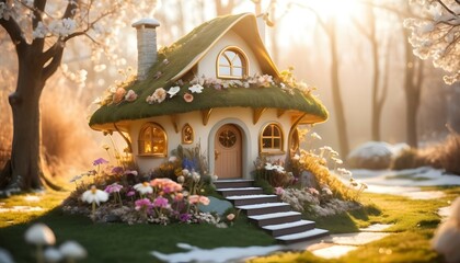 A captivating modern fairy house design resembling, surrounded by a profusion of flowers in bloom, while soft winter sunlight bathes the scene in a golden hue, creating a dreamy atmosphere. - Powered by Adobe