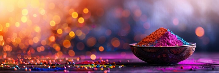 Colorful Holi festival background with powder in a bowl on a table copy space for text
