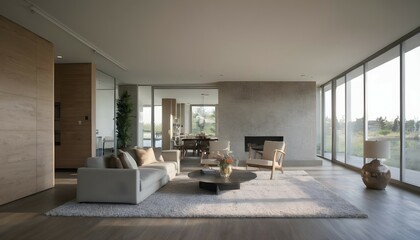 A panoramic view of the living room from the entryway, with a focus on the interplay of natural light and shadow across the textured surfaces of the room.