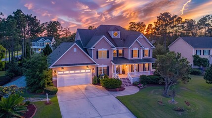 a beautiful home with nice curb appeal at twilight in virginia beach  - obrazy, fototapety, plakaty