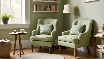 A serene corner nook featuring a reading chair upholstered in soft green fabric, accompanied by a small side table holding a stack of books and a cup of tea. - obrazy, fototapety, plakaty