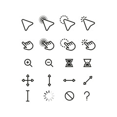 A set of black flat simple cursor icons. Minimalistic flat mouse cursor, pointer, hand, zoom in, zoom out.