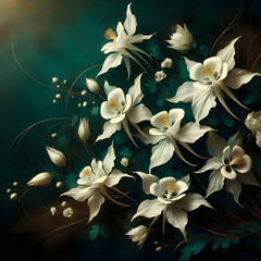 Piękne białe kwiaty orliki, na zielonym tle, dekoracja tapeta generative ai