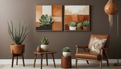 Fototapeta na wymiar An abstract artwork featuring warm earth tones hanging above a leather accent chair, with a side table showcasing a collection of succulents in modern ceramic pots.
