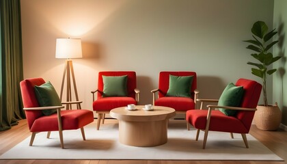 A minimalist coffee table crafted from natural wood, surrounded by plush red armchairs with soft green throw pillows, under the warm glow of a floor lamp.
