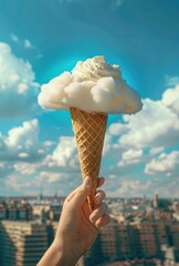 A woman's hand is holding an ice cream cone with a cloud.