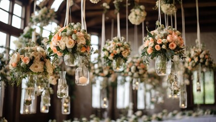 Experience original wedding floral decoration with mini-vases and bouquets of flowers hanging elegantly from the ceiling, adding charm and romance to the venue.