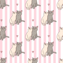 Seamless pattern with cute hugging cats. Funny kitties couple in love. Adorable sweet animals. Vector illustration on a background with pink stripes
