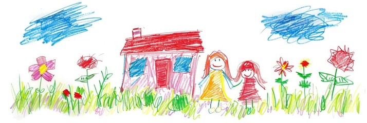 Children's drawing with colored chalk on white paper.