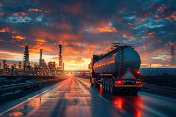 A large tanker truck is driving down a road near a refinery. Logistic concept - obrazy, fototapety, plakaty