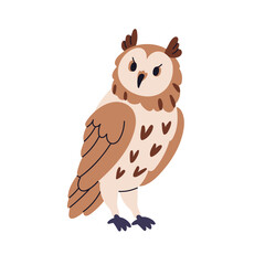 Owl, eared bird. Wild forest feathered animal. Wise horned uhu, bubo looking, staring with rotated head, funny serious expression. Flat vector illustration isolated on white background