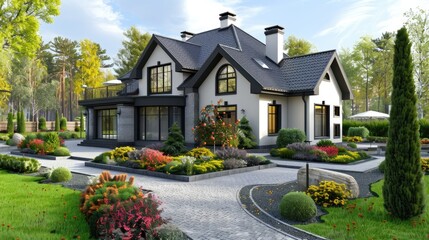 A beautiful house with gardens, on a white background, uses a color palette with reds, yellows and grays  