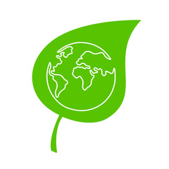 Earth globe on green plant leaf. Ecology logo design. Environment symbol