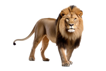 Side view of a Lion walking, looking at the camera, Panthera Leo, 10 years old, isolated on white - obrazy, fototapety, plakaty