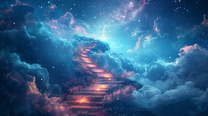 Fototapeta na wymiar Stairway to paradise in a spiritual concept. Abstract Background