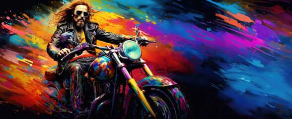 Illustration d'un homme sur une moto sur fond coloré, image avec espace pour texte.