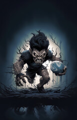 Illustration d'un zombie jouant au rugby avec un maillot noir, criant avec un ballon dans la main.